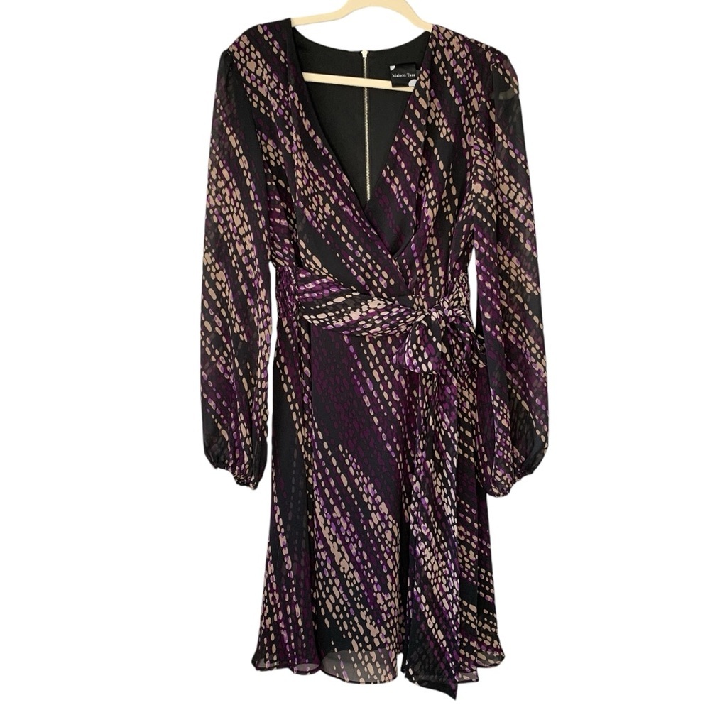 Maison Tara faux wrap midi dress purple, taupe and black w long sleeves. Size 12